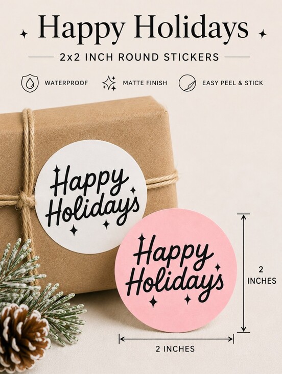 Handmade Other - 200 Happy Holidays Sticker Pack, 2in Round Pink, White Small Business Packaging
